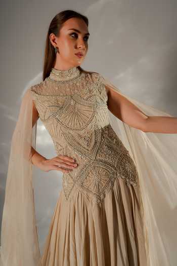 Jade By Ashima_Beige Cotton, Organza, Shantoon Sequins, Celeste Waterfall Flare Cape Gown _Online_at_Aza_Fashions