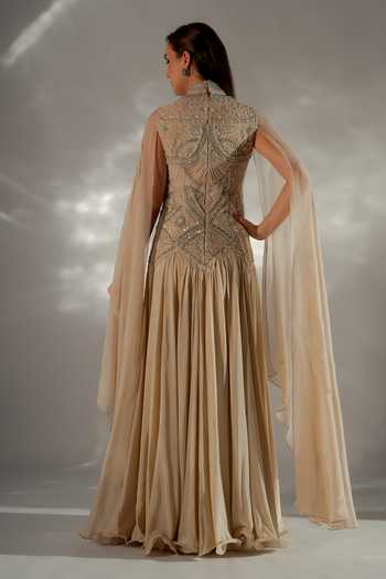 Jade By Ashima Celeste Waterfall Flare Cape Gown 