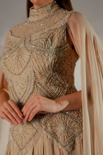 Buy_Jade By Ashima_Beige Cotton, Organza, Shantoon Sequins, Celeste Waterfall Flare Cape Gown _Online_at_Aza_Fashions