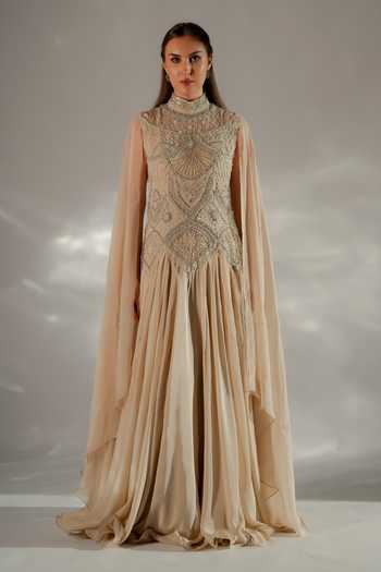 Shop_Jade By Ashima_Beige Cotton, Organza, Shantoon Sequins, Celeste Waterfall Flare Cape Gown _Online_at_Aza_Fashions