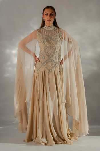 Jade By Ashima Celeste Waterfall Flare Cape Gown 