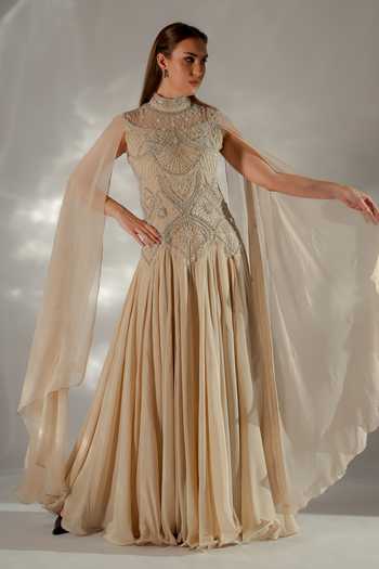 Jade By Ashima_Beige Cotton, Organza, Shantoon Sequins, Celeste Waterfall Flare Cape Gown _at_Aza_Fashions