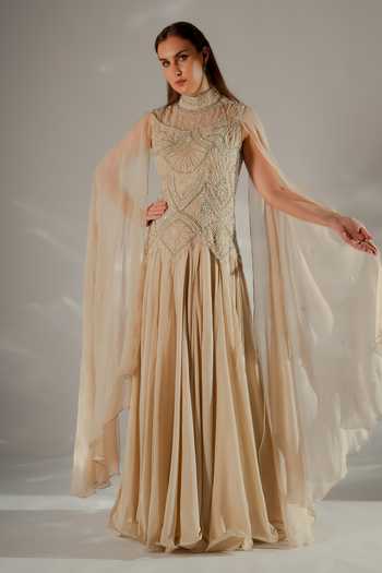 Buy_Jade By Ashima_Beige Cotton, Organza, Shantoon Sequins, Celeste Waterfall Flare Cape Gown 
