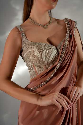 Jade By Ashima_Silver Cotton, Satin, Shantoon Pearls, Zarina Pre-draped Saree With Corset _Online_at_Aza_Fashions