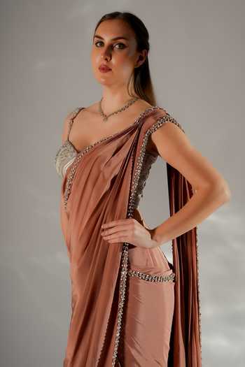 Buy_Jade By Ashima_Silver Cotton, Satin, Shantoon Pearls, Zarina Pre-draped Saree With Corset _Online_at_Aza_Fashions