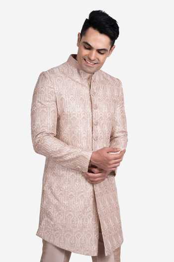 Sven Suits Rose Gold Faux Silk Floral Embroidered Sherwani Set Online at Aza Fashions Sven Suits_Rose Gold Faux Silk Floral Embroidered Sherwani Set _Online_at_Aza_Fashions