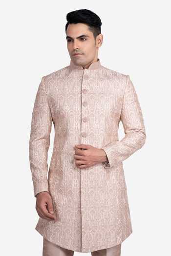 Buy Sven Suits Rose Gold Faux Silk Floral Embroidered Sherwani Set Online at Aza Fashions Buy_Sven Suits_Rose Gold Faux Silk Floral Embroidered Sherwani Set _Online_at_Aza_Fashions