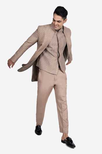 Sven Suits Beige Faux Silk Embroidery Bandhgala Jacket Set Online at Aza Fashions Sven Suits_Beige Faux Silk Embroidery Bandhgala Jacket Set _Online_at_Aza_Fashions