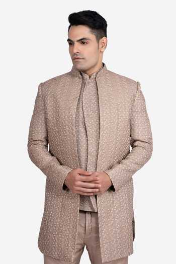 Buy Sven Suits Beige Faux Silk Embroidery Bandhgala Jacket Set Online at Aza Fashions Buy_Sven Suits_Beige Faux Silk Embroidery Bandhgala Jacket Set _Online_at_Aza_Fashions