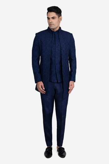 Sven Suits_Blue Faux Silk Embroidery Open Bandhgala Jacket Set _Online_at_Aza_Fashions