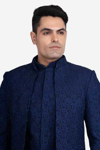 Buy_Sven Suits_Blue Faux Silk Embroidery Open Bandhgala Jacket Set _Online_at_Aza_Fashions