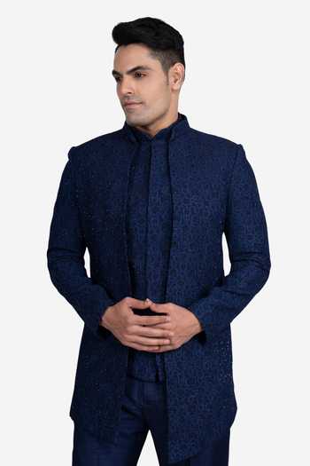 Shop_Sven Suits_Blue Faux Silk Embroidery Open Bandhgala Jacket Set _Online_at_Aza_Fashions