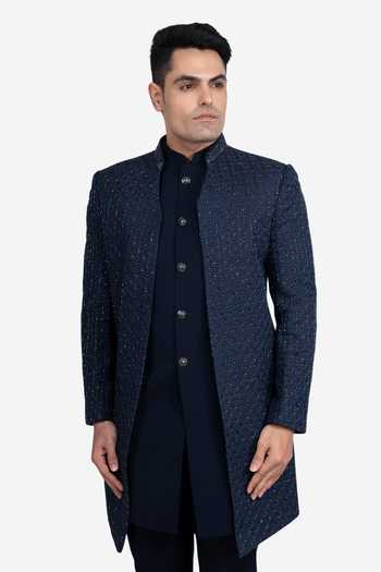Sven Suits_Blue Faux , Embroidery Sherwani Set _Online_at_Aza_Fashions