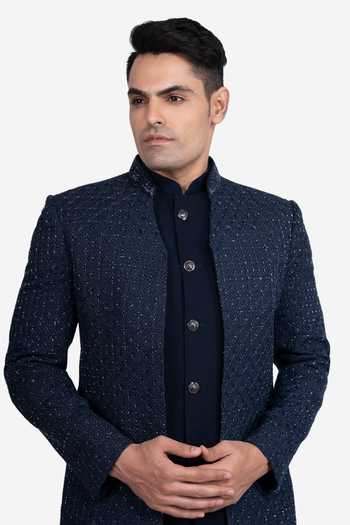 Buy_Sven Suits_Blue Faux , Embroidery Sherwani Set _Online_at_Aza_Fashions