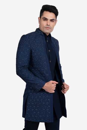 Sven Suits_Blue Faux Silk Embroidery Bandhgala Jacket And Pant Set _Online_at_Aza_Fashions