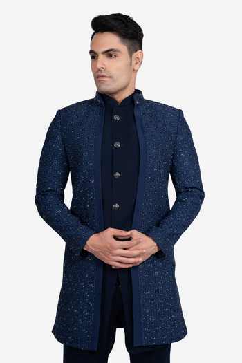 Buy_Sven Suits_Blue Faux Silk Embroidery Bandhgala Jacket And Pant Set _Online_at_Aza_Fashions