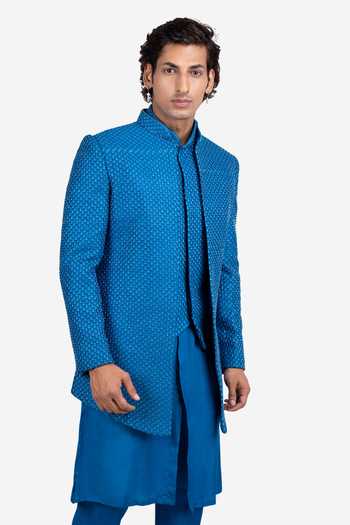 Sven Suits_Blue Faux Silk Embroidery Bandhgala And Kurta Set _Online_at_Aza_Fashions
