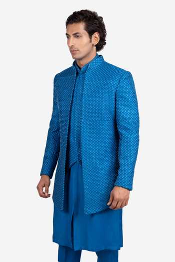 Buy_Sven Suits_Blue Faux Silk Embroidery Bandhgala And Kurta Set _Online_at_Aza_Fashions