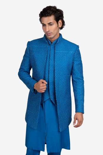 Shop_Sven Suits_Blue Faux Silk Embroidery Bandhgala And Kurta Set _Online_at_Aza_Fashions