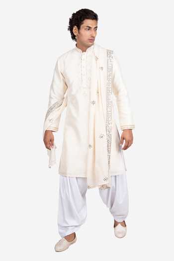 Sven Suits_White Silk Embroidered Placket Kurta Set _Online_at_Aza_Fashions