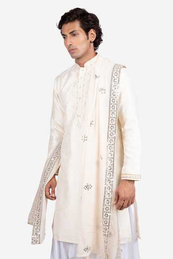 Buy_Sven Suits_White Silk Embroidered Placket Kurta Set _Online_at_Aza_Fashions