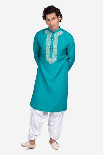 Sven Suits_Blue Faux Silk Paisley Thread Embroidered Placket Kurta Set _Online_at_Aza_Fashions