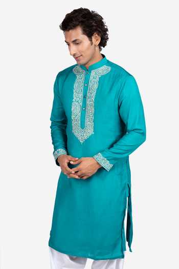 Buy_Sven Suits_Blue Faux Silk Paisley Thread Embroidered Placket Kurta Set _Online_at_Aza_Fashions