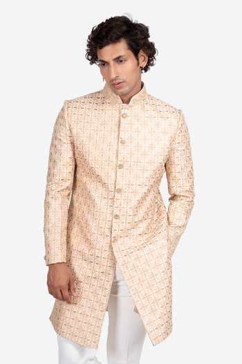 Buy Sven Suits Beige Faux Silk Floral Embroidered Sherwani Set Online at Aza Fashions Buy_Sven Suits_Beige Faux Silk Floral Embroidered Sherwani Set _Online_at_Aza_Fashions