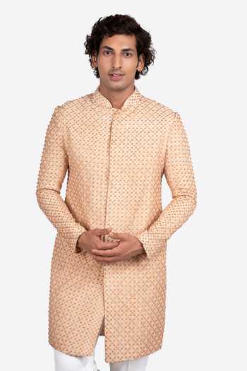 Buy Sven Suits Beige Silk Floral Embroidered Sherwani And Pant Set Online at Aza Fashions Buy_Sven Suits_Beige Silk Floral Embroidered Sherwani And Pant Set _Online_at_Aza_Fashions