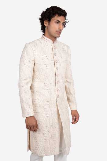 Sven Suits_Ivory Silk Embroidered Sherwani And Pant Set _Online_at_Aza_Fashions