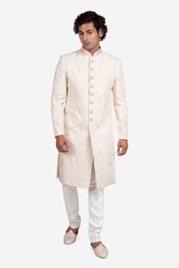 Buy_Sven Suits_Ivory Silk Embroidered Sherwani And Pant Set _Online_at_Aza_Fashions