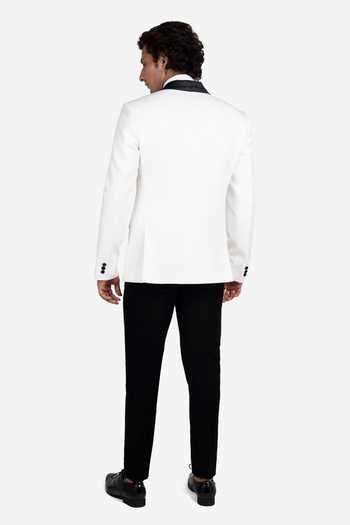 Shop Sven Suits White Viscose, Polyester Vanilla Hand Embroidered Lapel Tuxedo Set at Aza Fashions Shop_Sven Suits_White Viscose, Polyester Vanilla Hand Embroidered Lapel Tuxedo Set _at_Aza_Fashions