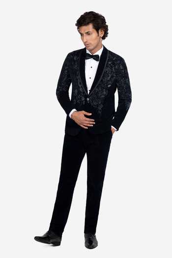 Sven Suits_Blue Velvet Beads, Stones Cutdana Embroidered Tuxedo Set _Online_at_Aza_Fashions