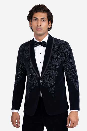 Buy_Sven Suits_Blue Velvet Beads, Stones Cutdana Embroidered Tuxedo Set _Online_at_Aza_Fashions