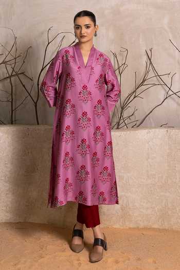 Buy_Haute Mess_Pink Silk, Chanderi V-neck Print Kurta And Pant Set 