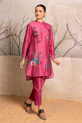 Buy_Haute Mess_Pink Silk, Chanderi Mandarin Collar Print Kurta Set _Online_at_Aza_Fashions