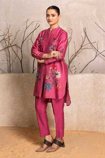 Buy_Haute Mess_Pink Silk, Chanderi Mandarin Collar Print Kurta Set 