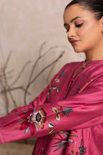 Shop_Haute Mess_Pink Silk, Chanderi Mandarin Collar Print Kurta Set 
