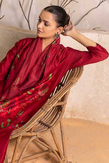 Buy_Haute Mess_Red Silk, Chanderi Mandarin Collar, Yes Printed Kurta Set 