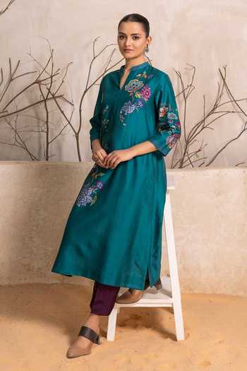 Haute Mess_Emerald Green Silk, Chanderi Mandarin Collar Floral Print Tunic Set _Online_at_Aza_Fashions