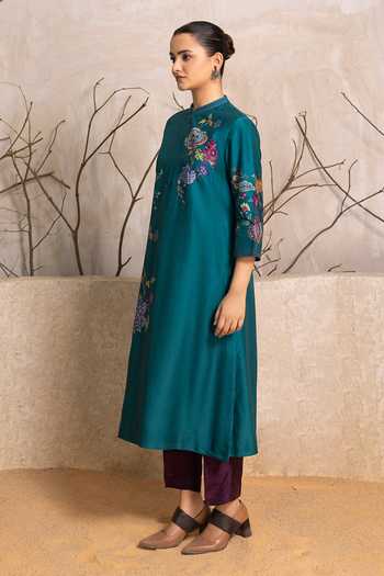 Shop_Haute Mess_Emerald Green Silk, Chanderi Mandarin Collar Floral Print Tunic Set _Online_at_Aza_Fashions