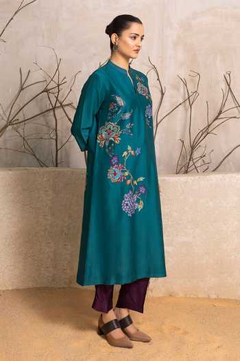 Haute Mess_Emerald Green Silk, Chanderi Mandarin Collar Floral Print Tunic Set _at_Aza_Fashions