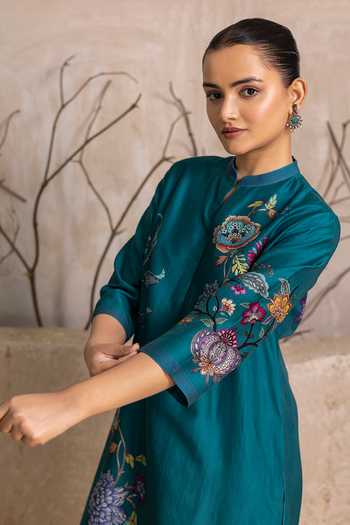 Buy_Haute Mess_Emerald Green Silk, Chanderi Mandarin Collar Floral Print Tunic Set 