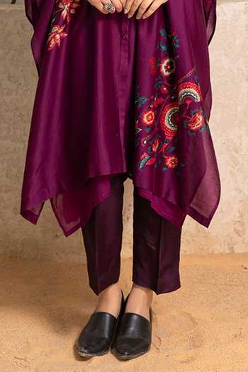 Haute Mess_Wine Silk, Chanderi Mandarin Collar Floral Pattern Kaftan Set _at_Aza_Fashions