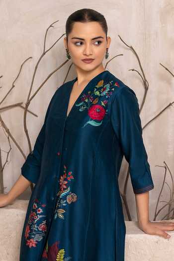 Shop_Haute Mess_Blue Silk, Chanderi V-neck Floral Print Tunic Set _Online_at_Aza_Fashions
