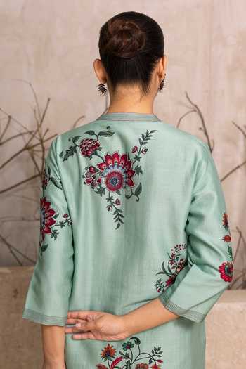 Shop_Haute Mess_Mint Silk, Chanderi Mandarin Collar, Yes Print Kurta Set _Online_at_Aza_Fashions