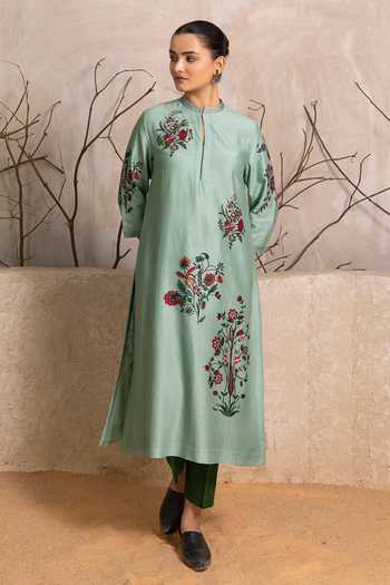 Buy_Haute Mess_Mint Silk, Chanderi Mandarin Collar, Yes Print Kurta Set 