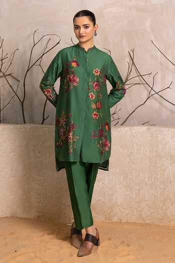 Buy_Haute Mess_Green Silk, Chanderi Mandarin Collar Printed Tunic Set 