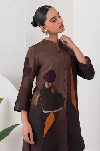 Haute Mess_Brown Silk, Chanderi Mandarin Collar, Yes Printed Shirt Kurta Set _Online_at_Aza_Fashions