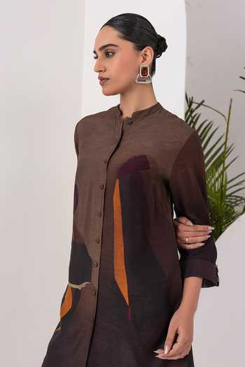 Shop_Haute Mess_Brown Silk, Chanderi Mandarin Collar, Yes Printed Shirt Kurta Set _Online_at_Aza_Fashions